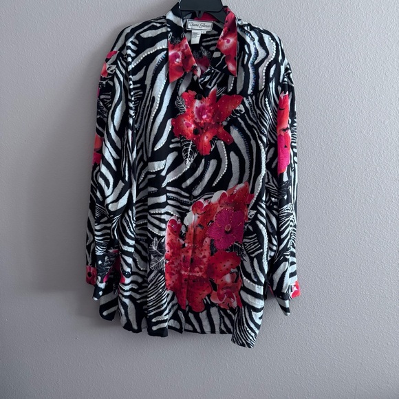 New Diane Gilman Black Red Sequin Floral Zebra 100% Silk Button Down Shirt Sz 3X - Picture 12 of 15